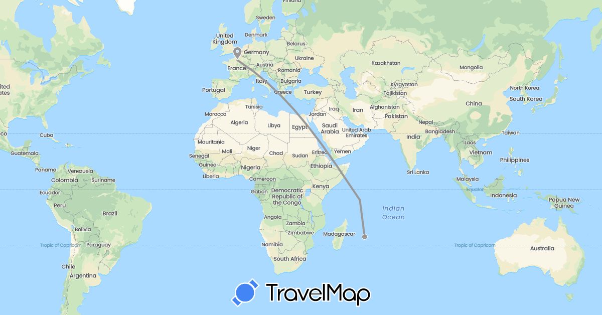 TravelMap itinerary: driving, plane in France, Mauritius, Seychelles (Africa, Europe)