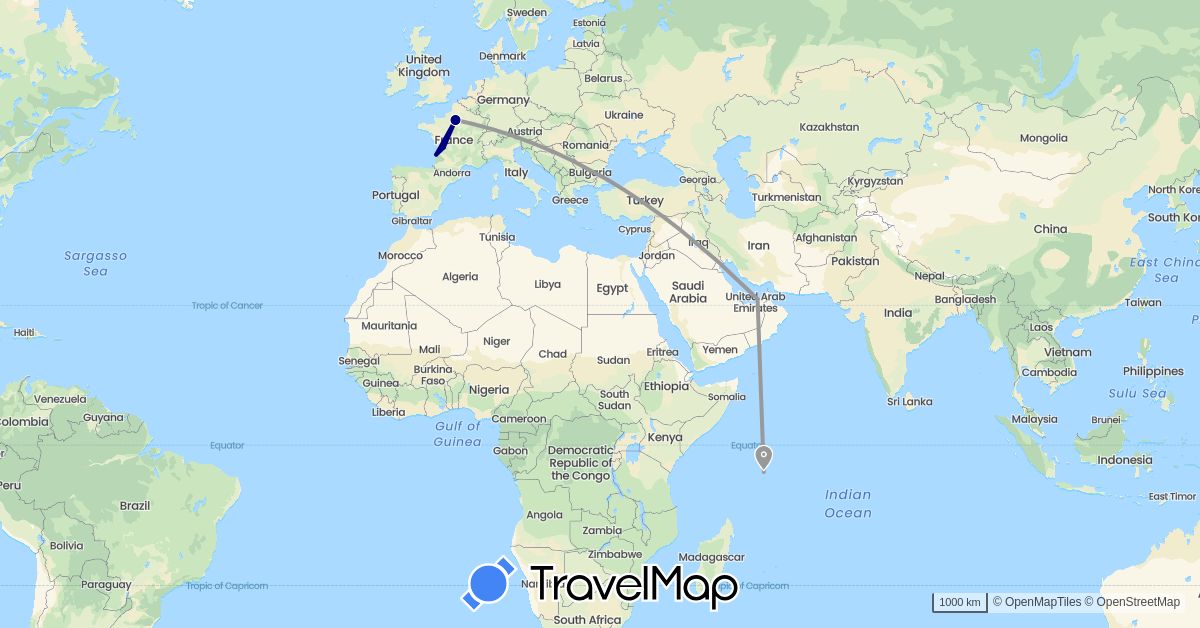 TravelMap itinerary: driving, plane in United Arab Emirates, France, Seychelles (Africa, Asia, Europe)